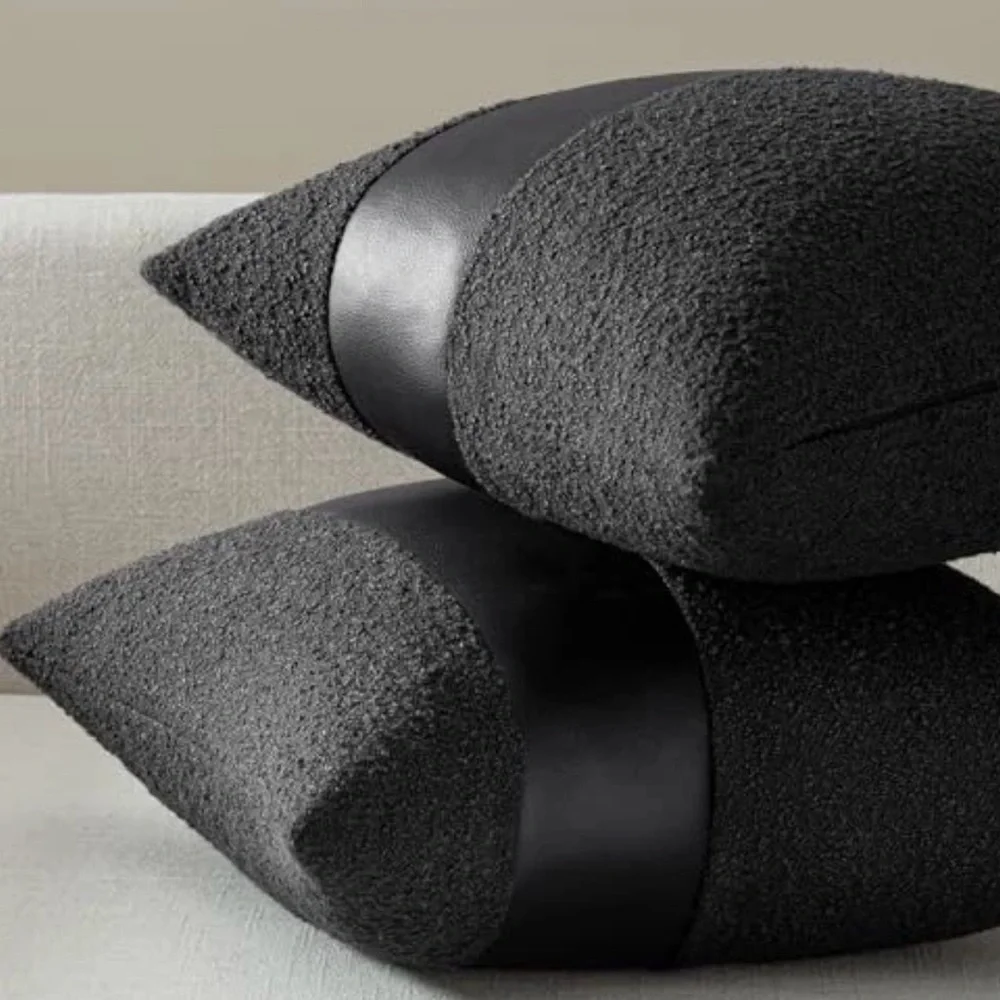 NWT 2-Boucle Pillow Covers 18x18” with Faux Leather, Charcoal Black